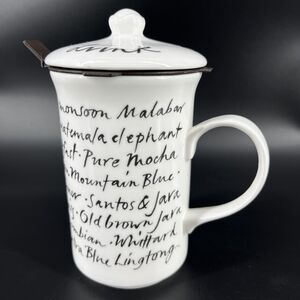 Whittard England Ceramic Tea Coffee Mug Text Handwriting Infuser Lid Strainer